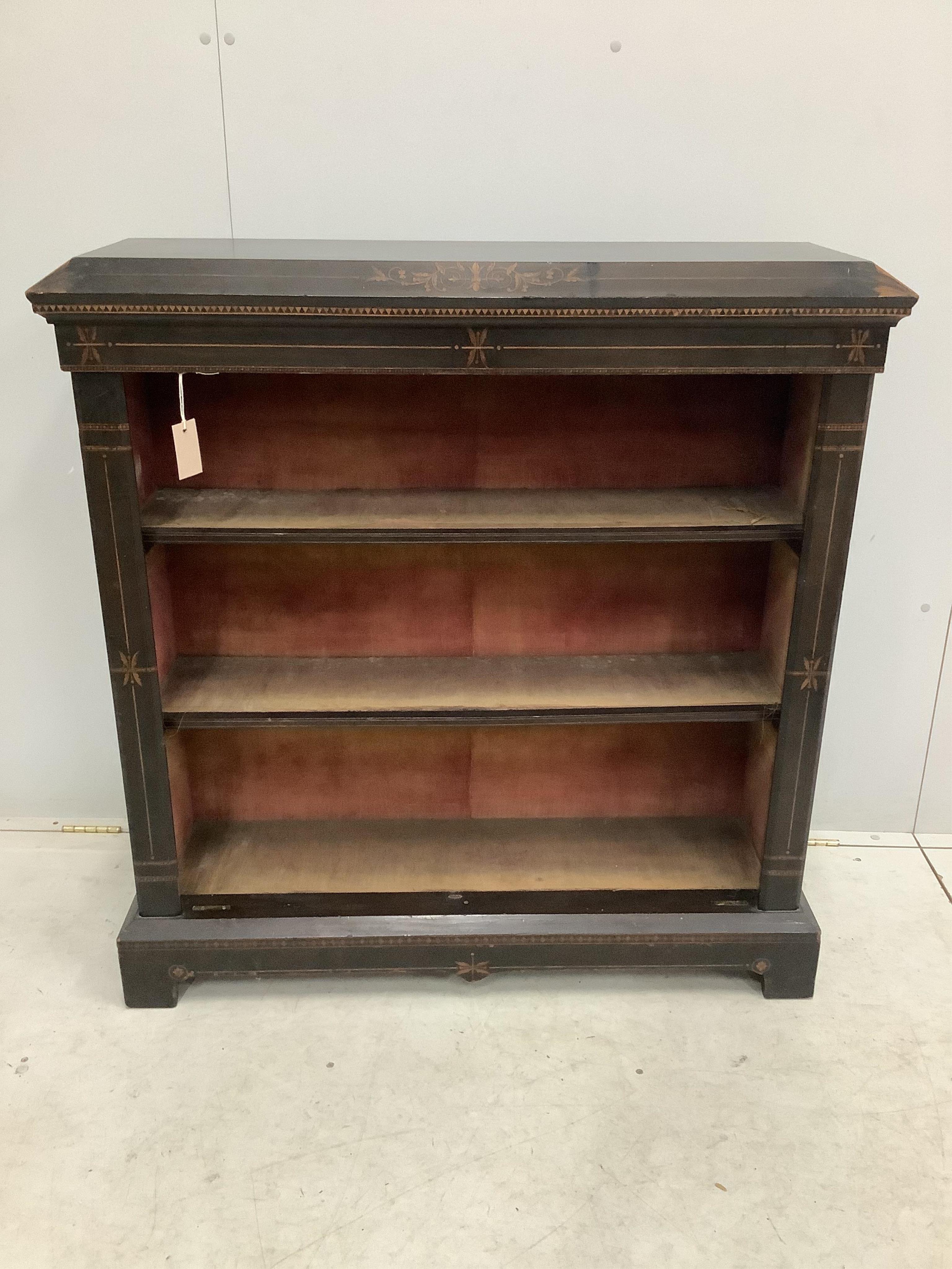 A late 19th century painted open bookcase, adapted, width 104cm, depth 32cm, height 107cm. Condition - fair